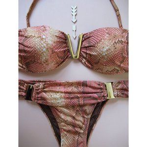 Brigitte Coral Snakeskin Bikini w/Gold Trim